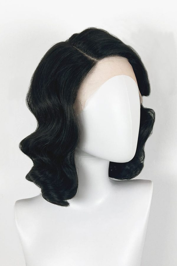 Black lacefront wig, pinup vintage style, mid length with finger waves: Etta Discount