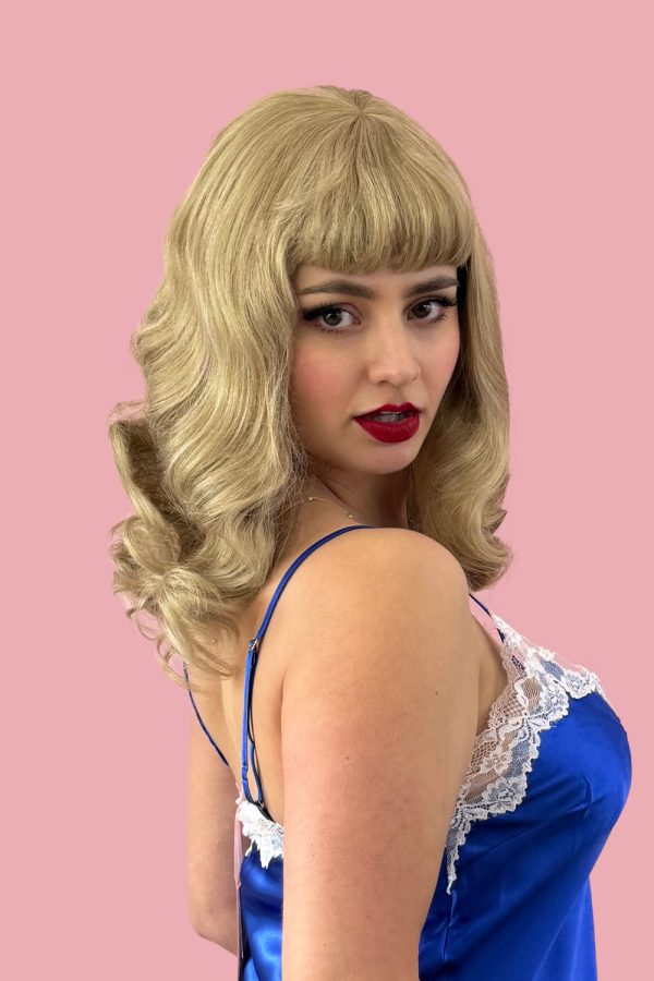 Blonde pinup wig, curled with short fringe, 1950s style: Cora For Discount