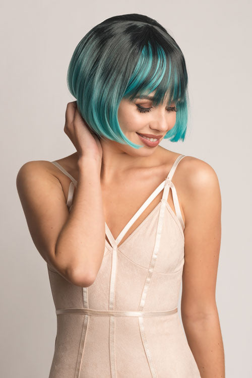 Bob wig, black ombre blending to turquoise blue: Amara Discount