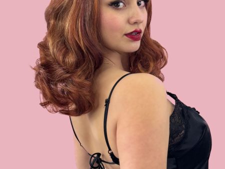 Auburn pinup style wig, finger waved with short fringe, 1950s style: Heidi Fashion