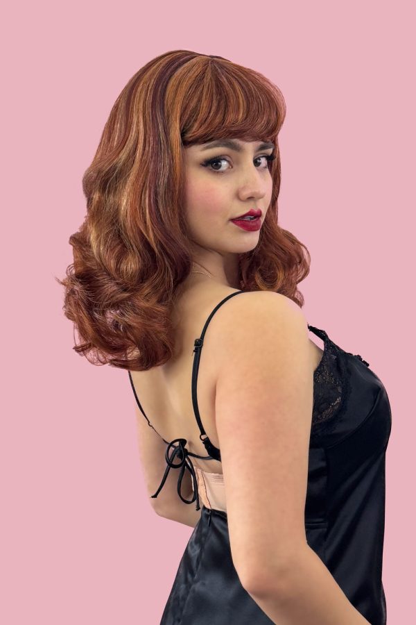 Auburn pinup style wig, finger waved with short fringe, 1950s style: Heidi Fashion