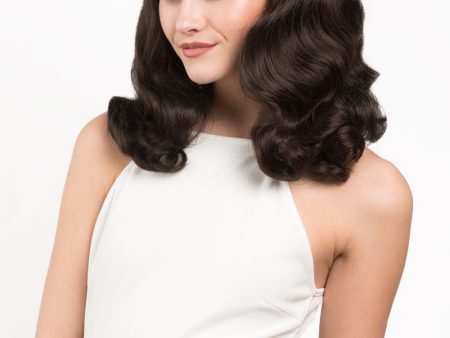 Dark brown pinup style wig, finger waved with short fringe, 1950s style: Becca Cheap