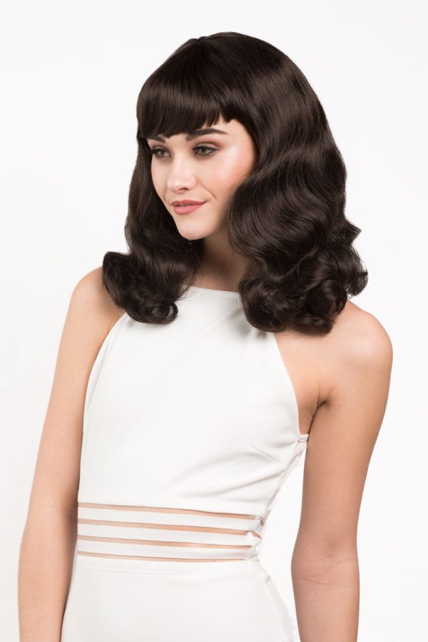 Dark brown pinup style wig, finger waved with short fringe, 1950s style: Becca Cheap