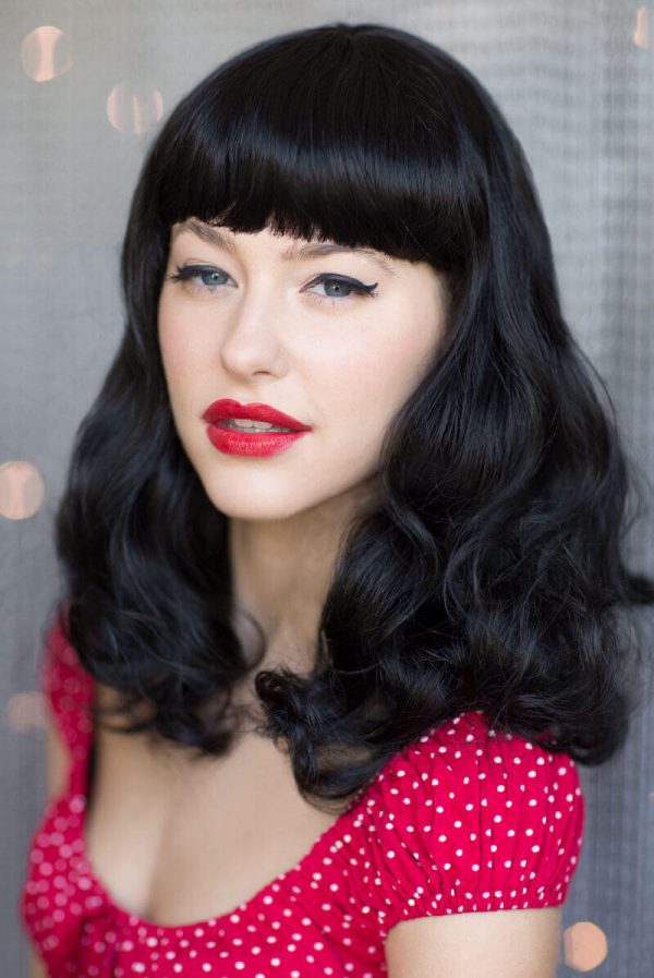 Black pinup style wig, curled with short fringe, 1950s style: Bettie Online now