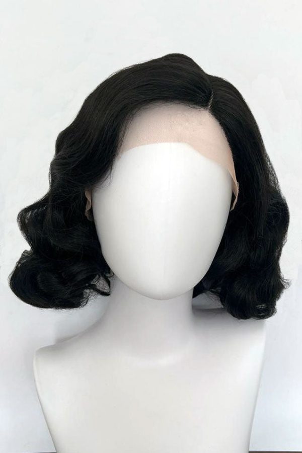 Black lacefront wig, pinup vintage style, mid length with finger waves: Lilith Cheap