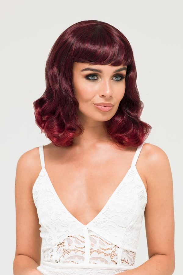 Black and red pinup style wig, gently wavy with short fringe, 1950s style: Lillian For Cheap