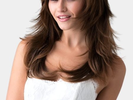 Long warm brown wig, layered, flicked tips: Selina Fashion