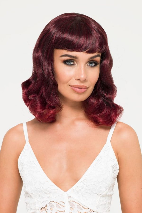 Black and red pinup style wig, gently wavy with short fringe, 1950s style: Lillian For Cheap