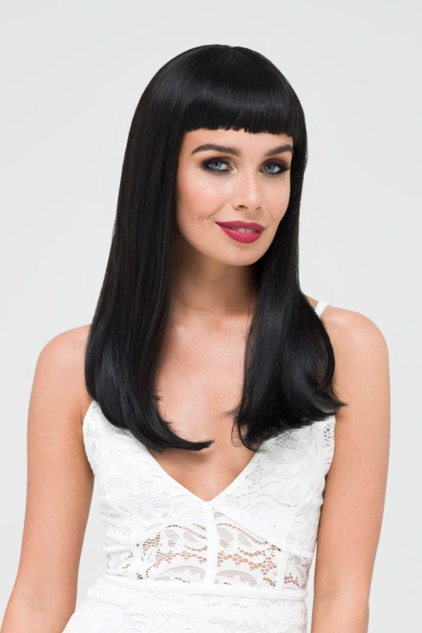 Long black wig with straight hair and a short, straight fringe: Maxine Fashion