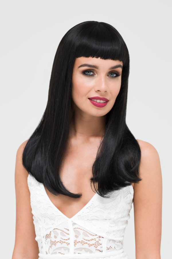 Long black wig with straight hair and a short, straight fringe: Maxine Fashion