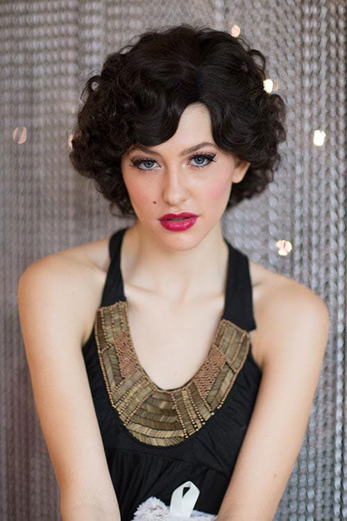 Brown 1920s 1930s style wig, short retro style with finger waves: Cecelia Sale