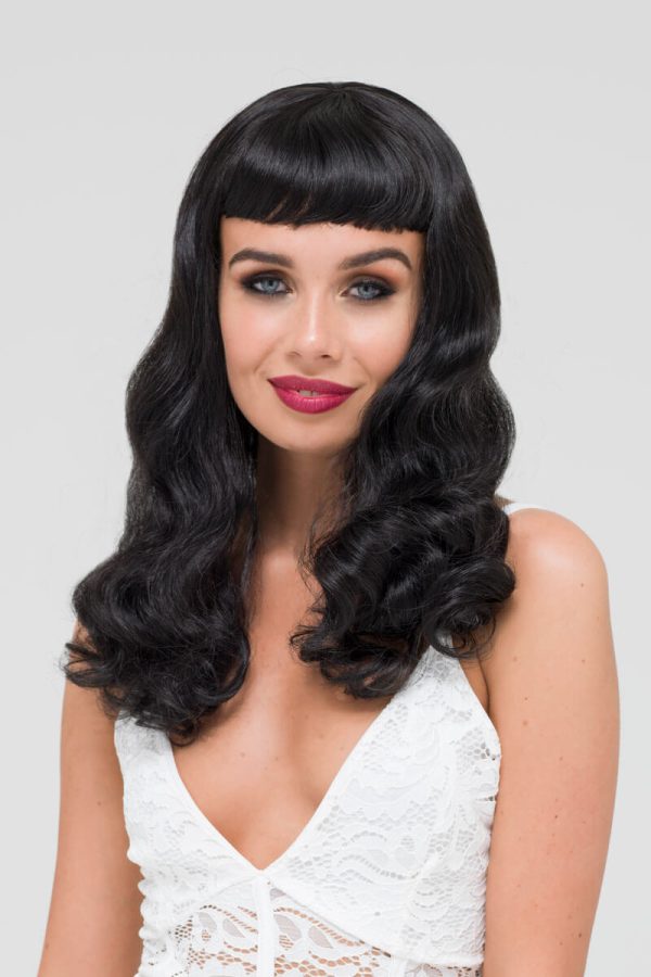 Black 1950s pinup style wig, curled with short fringe: Milena Fashion