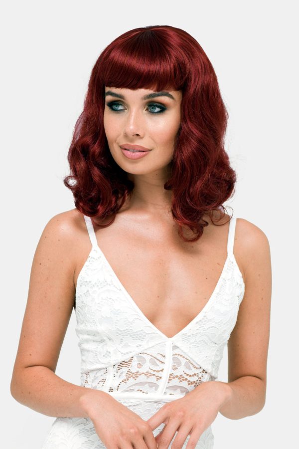 Copper red 1950s pinup wig, curled with short fringe: Kitty Supply