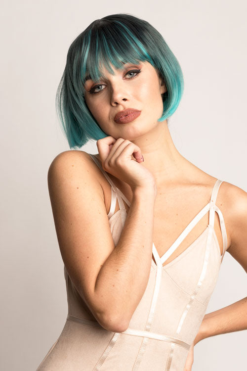 Bob wig, black ombre blending to turquoise blue: Amara Discount