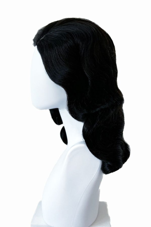 Black 1940s style wig with long marcel waves: Vivienne Online now