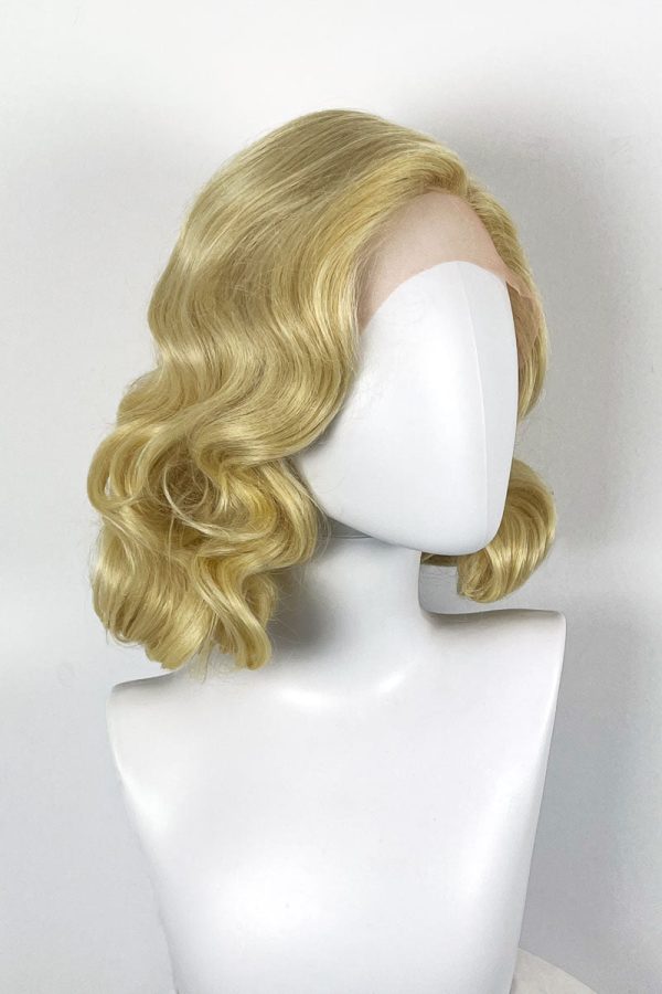 Blonde lacefront wig, pinup vintage style, mid length with finger waves: Della For Cheap