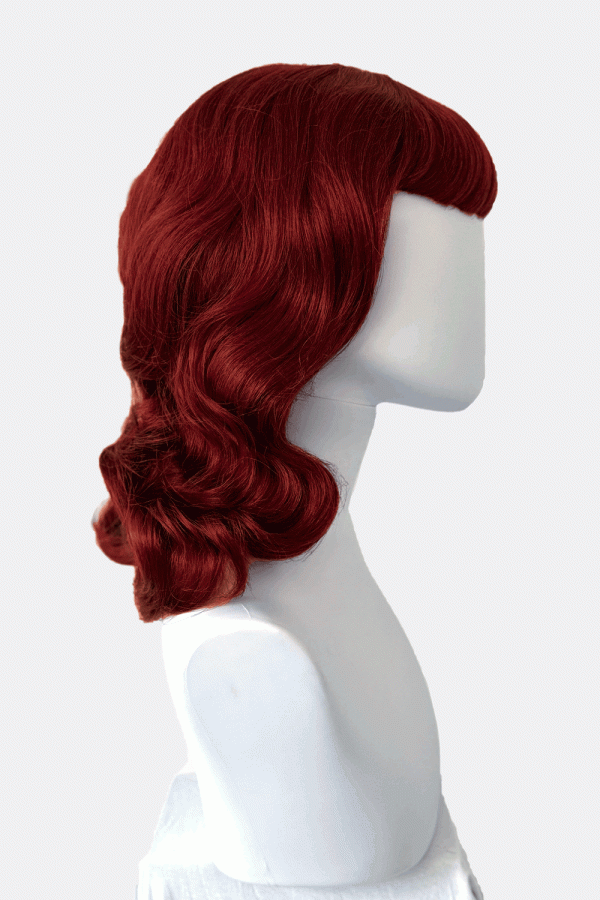 Copper red 1950s pinup wig, curled with short fringe: Kitty Supply