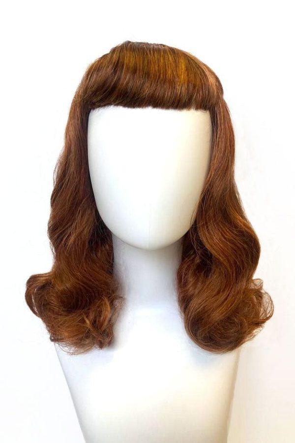 Auburn pinup style wig, finger waved with short fringe, 1950s style: Heidi Fashion