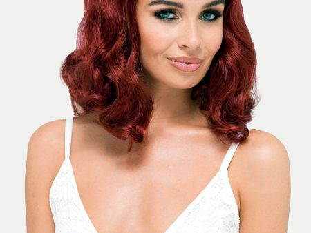 Copper red 1950s pinup wig, curled with short fringe: Kitty Supply