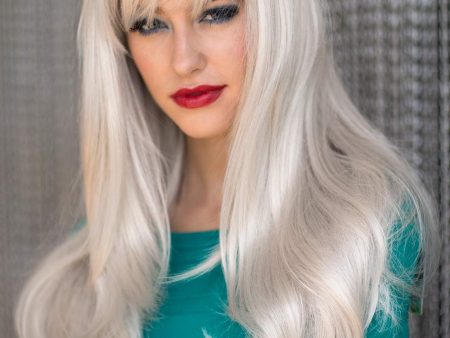 Long silver grey wig in razor cut, face framing style: London For Cheap