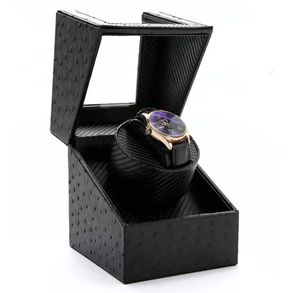 Single Slot PU Leather Watch Winder (Ostrich With Carbon Accents) on Sale