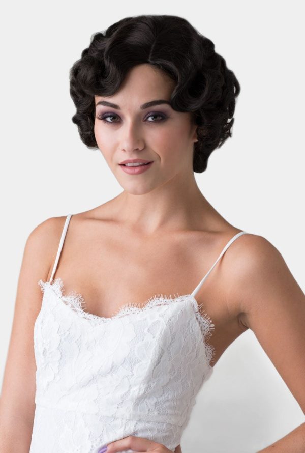 Brown 1920s 1930s style wig, short retro style with finger waves: Cecelia Sale