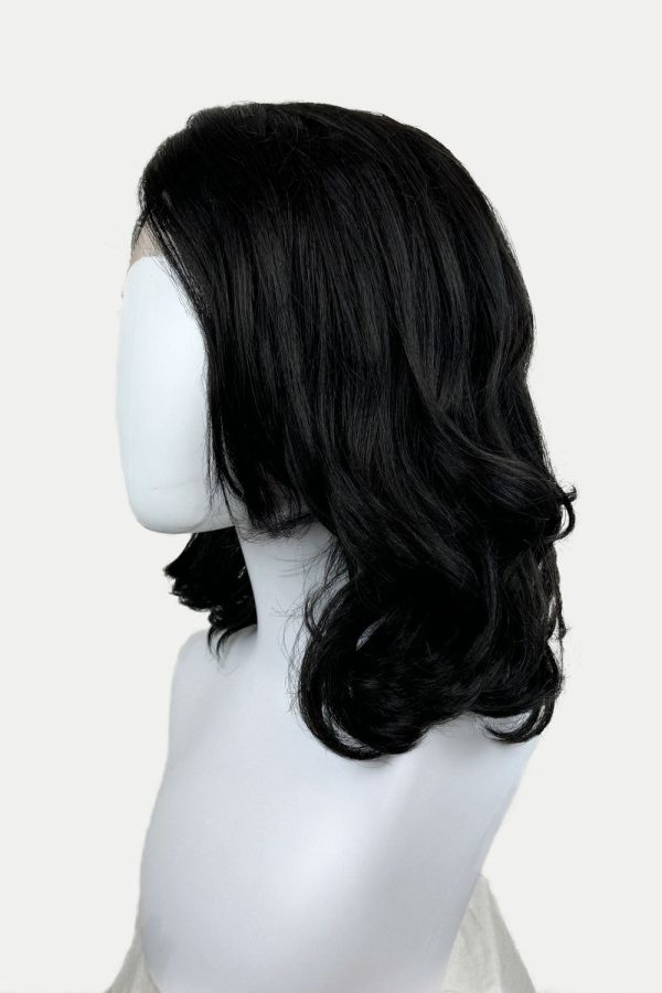 Black shoulder length long bob (lob) lacefront wig with side sweeping fringe bangs: Amaris Discount