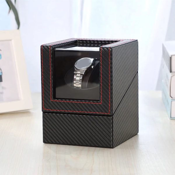 Single Slot PU Leather Watch Winder (Carbon with Red Stitching) For Cheap