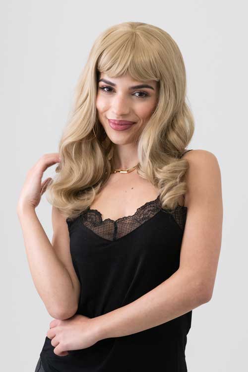 Ash blonde 50s style wig with short fringe and gentle waves: Trinity Discount