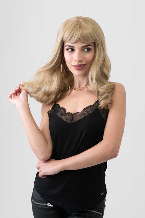 Ash blonde 50s style wig with short fringe and gentle waves: Trinity Discount