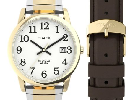 Timex EASY READER Mens Watch Gold-tone Expansion Band and Leather Strap Box Set TWG025500 Cheap