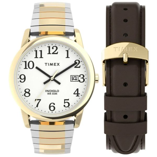 Timex EASY READER Mens Watch Gold-tone Expansion Band and Leather Strap Box Set TWG025500 Cheap