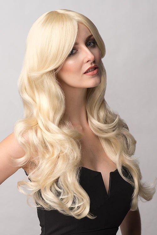 Blonde wig with big loose curls and sweeping fringe, extra long: Carly on Sale