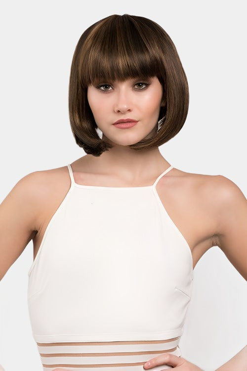 Chocolate brown inverted bob wig with blonde highlights: Keira Fashion