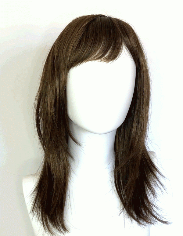 Chocolate brown wig with blonde highlights, face frame style: Katie Cheap